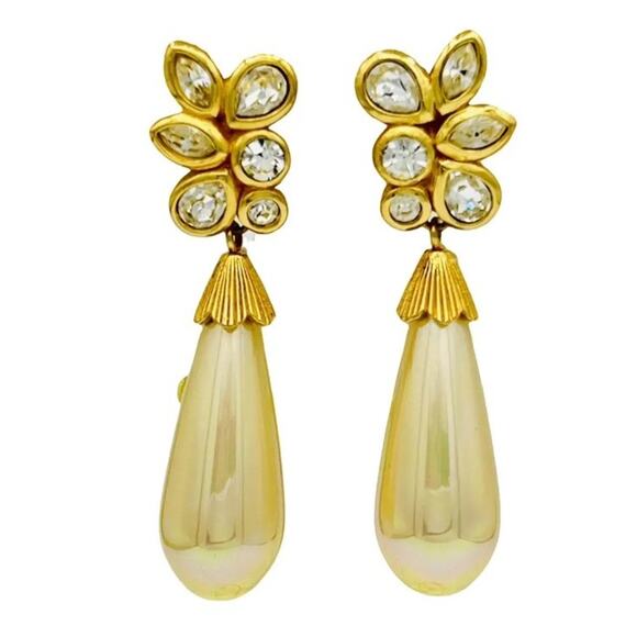 Christian Dior Signed Crystal Pearl Gold Tone Dangle Clip Earrings Crystal Vtg - Picture 8 of 14
